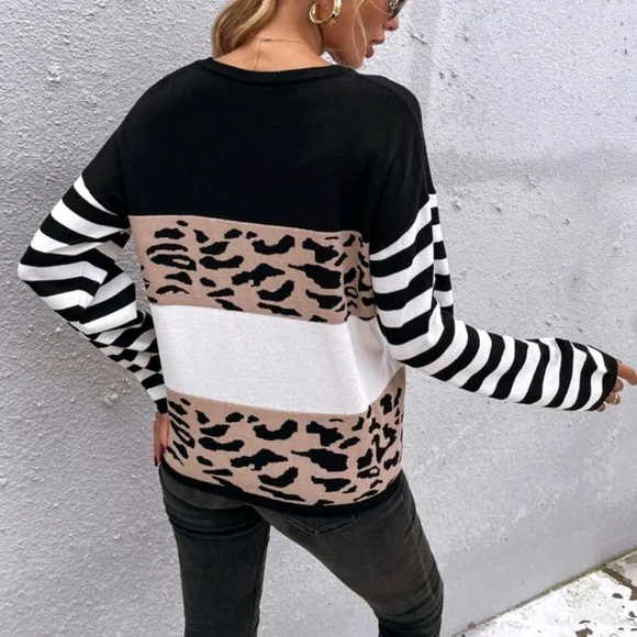 Striped Color Block Leopard Sweater - Picture 2 of 7